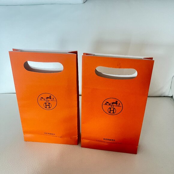 SET OF 2 Hermes Paris Authentic Orange Logo Paper Shopping Bag Tote - Picture 3 of 4